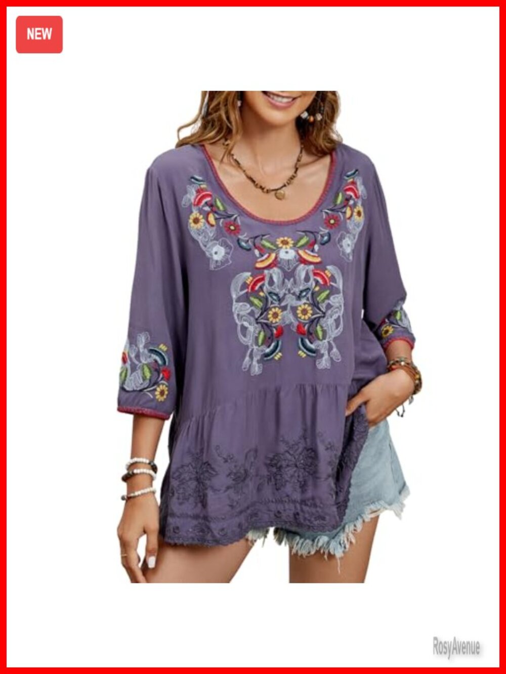 Embroidered 3/4 Sleeve Peasant Tunic Top Cotton Loose Fit Blouse